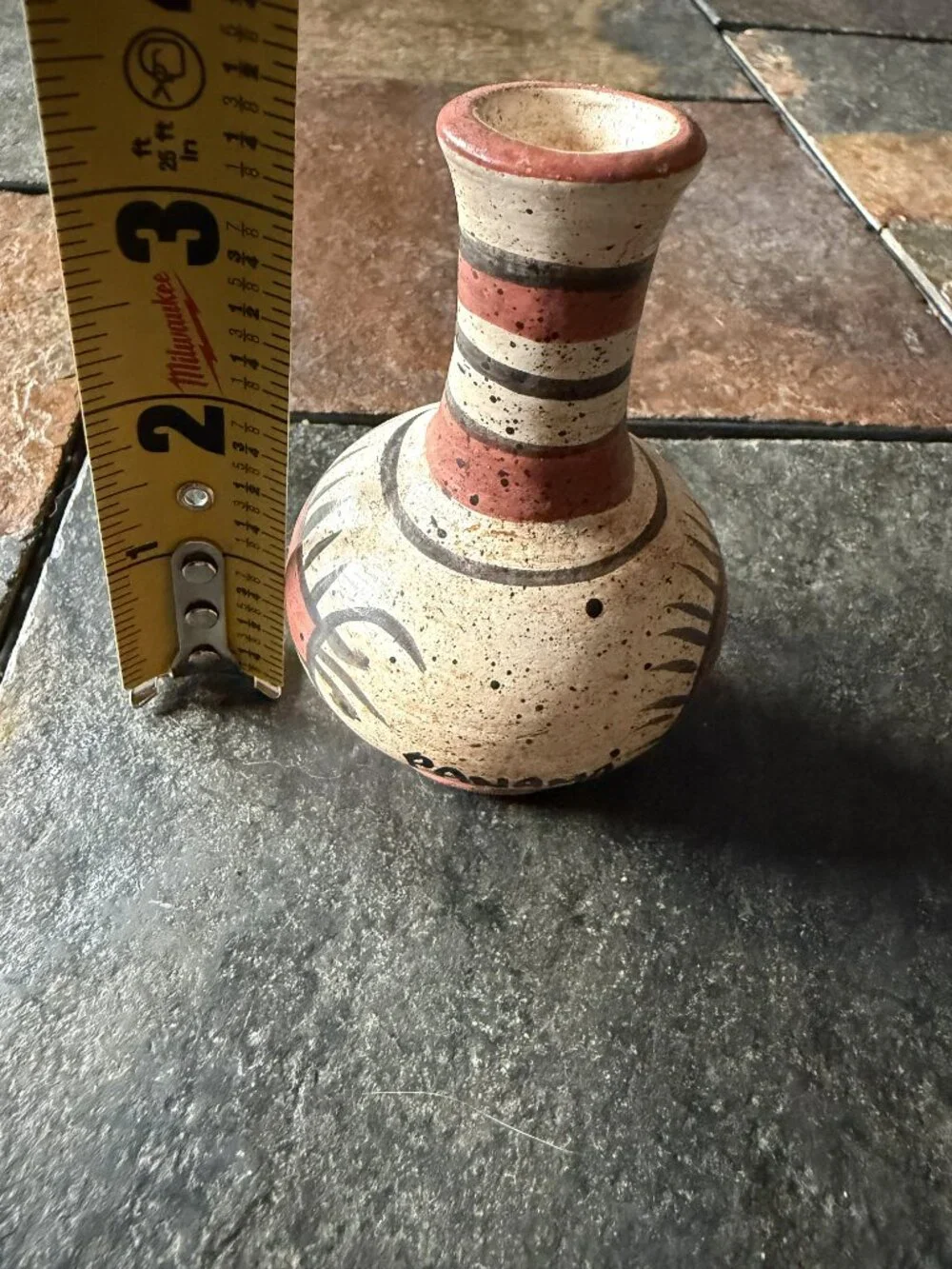Vintage Hand-Painted Panama pottery mini bud vase 3.5” – terracotta folk art